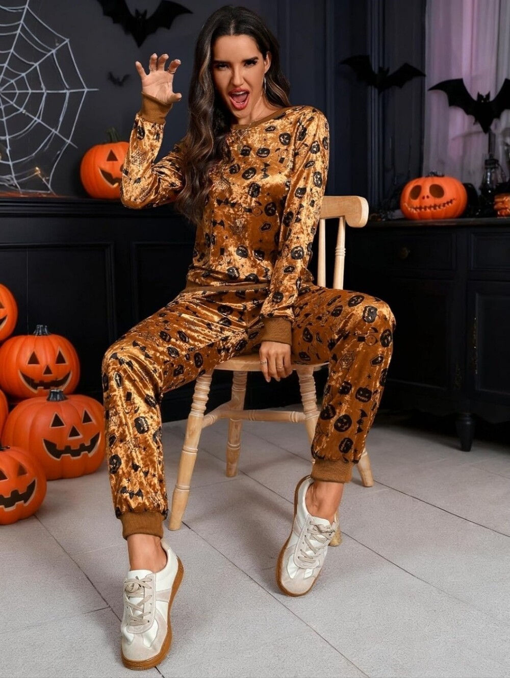 Velour 2 Piece Halloween Set Drawstring Pants Long Sleeve Top Medium Womens - Picture 16 of 16